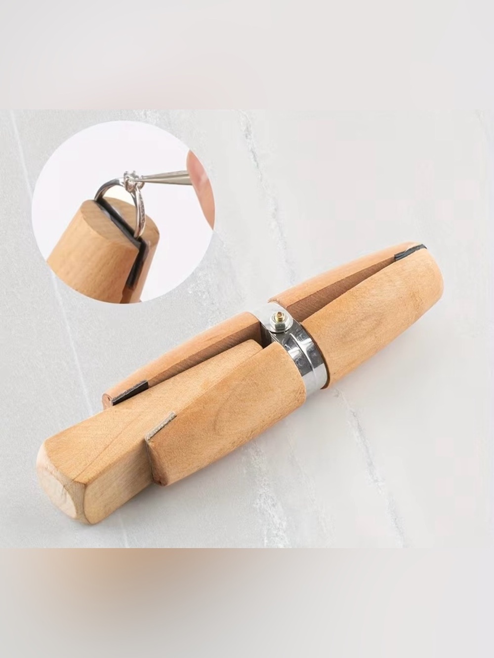 Wooden Ring clamp with Metal Adjustable Band - Natural Wood